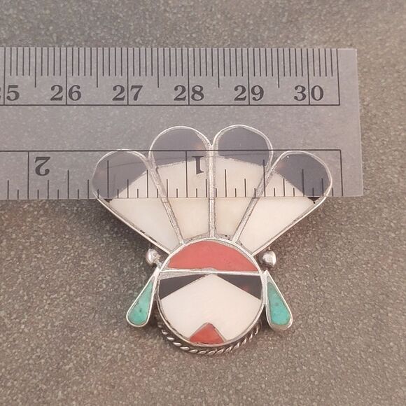 Vintage Sterling Zuni Sun Face Inlay Brooch Pin - Picture 9 of 9